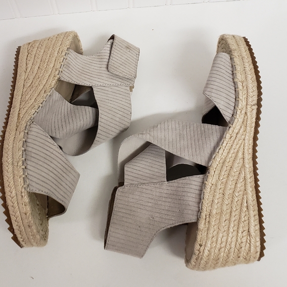 Eileen Fisher Willow Espadrille Wedge Sandals Velcro Striped Suede Straps Size 7 - Picture 6 of 7